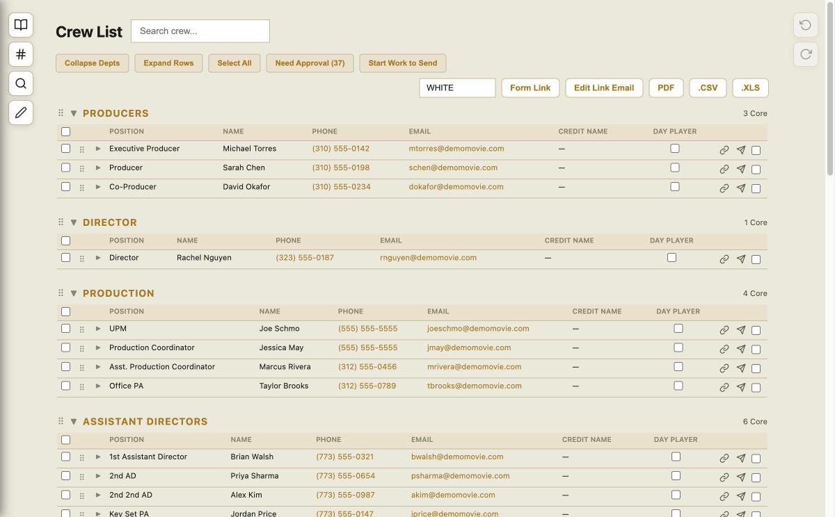 Crew List — organized by department with positions, contact info, and status