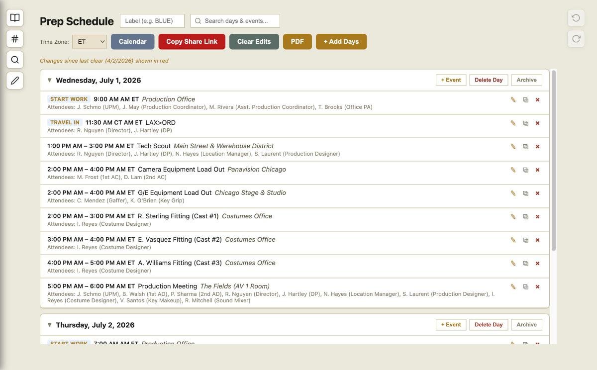 Prep Schedule — day-by-day event planning with attendees and locations