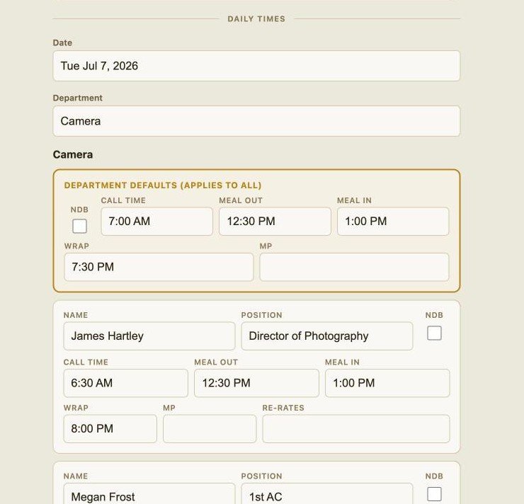 Daily Times — shared daily schedule form with crew assignments