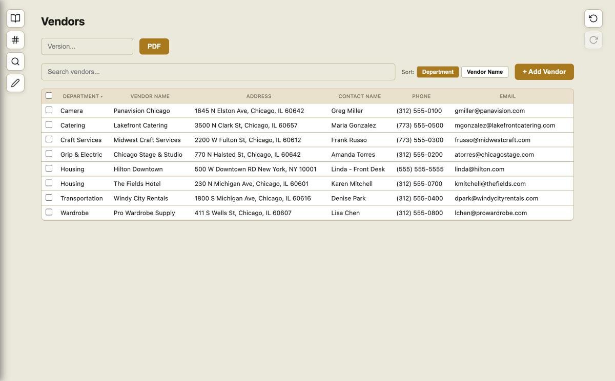 Vendor management — contacts, addresses, and deal terms organized in one place
