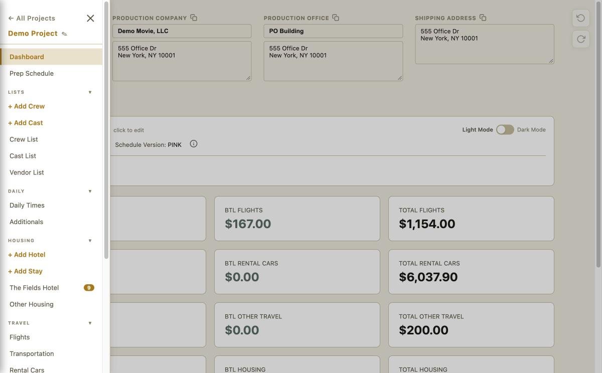 Sidebar navigation — all production tools organized in a clean, intuitive menu